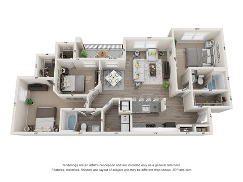 Floor plan for 3 beds, 2 baths, 1230 sqft
